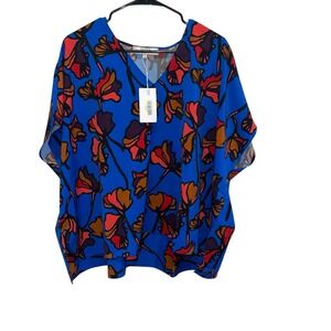 Crosby by Mollie Burch Blue Floral Blouse Women Small V Neck Top Oversized NWT